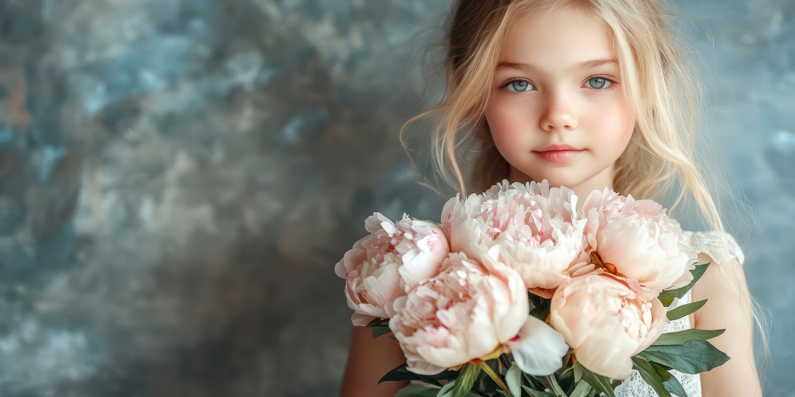 Young girl holding beautiful pink peonies against a soft textured background in a serene setting